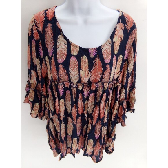 NWOT Agnes & Dora Sway top Feather Print Ruffle Tunic Small blue and pink - Picture 2 of 8